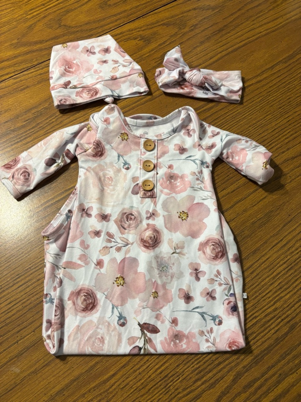Floral Newborn Gown with Hat & Headband - Pink Roses